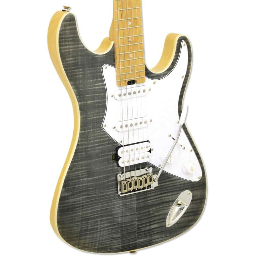 Aria 714 MKII ST-Style Coil Tap Hss Electric Guitar - Black Diamond Flame Maple Top - Roasted Maple Neck